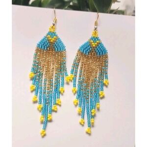 Seeds Beaded Earrings Crescent Fringe Tassel Bohemian Dangle Drop Handmade